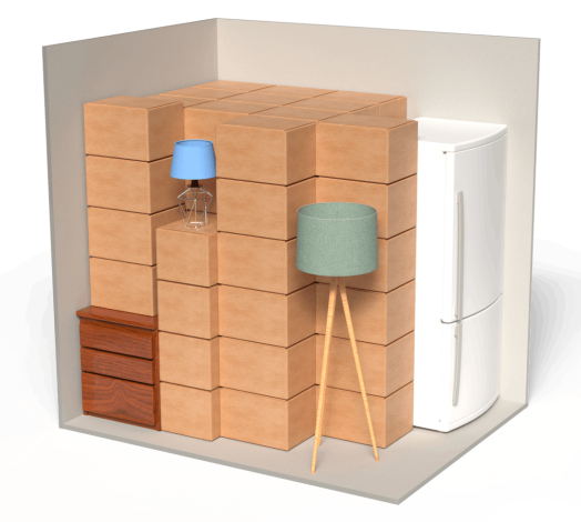 3D-visualisatie van een opslagbox van 10 m³ met verhuisdozen, meubels en een koelkast.