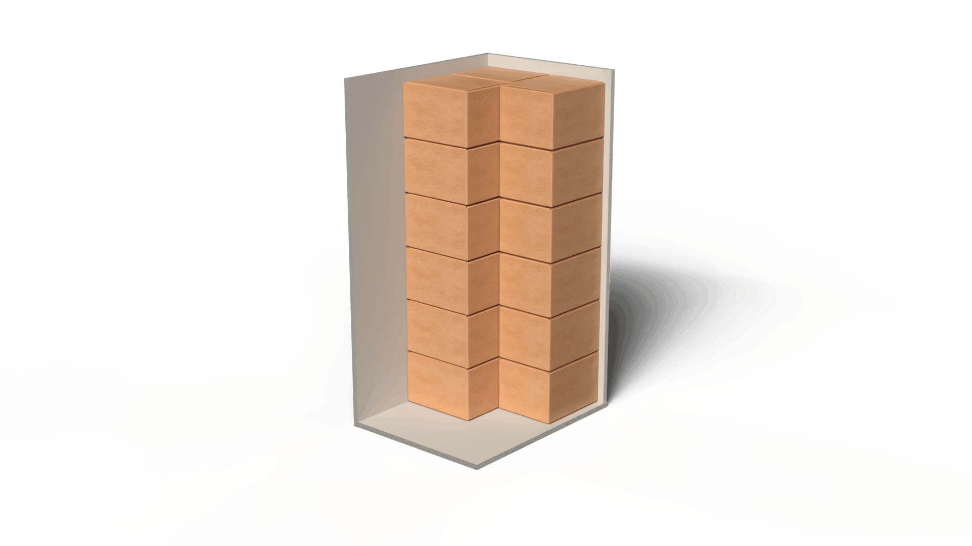 3D-visualisatie van een kleine opslagbox van 2 m³ met stapels verhuisdozen.