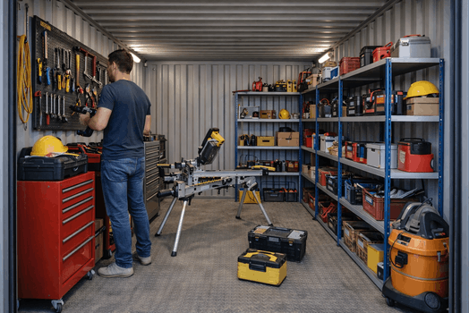 Gereedschapopslag in een opslagcontainer ingericht als werkplaats.