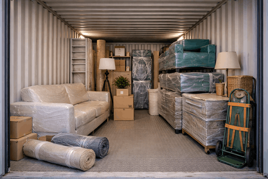 Meubelopslag in een opslagcontainer met veilig verpakte meubels en verhuisdozen.
