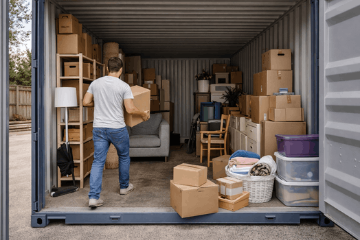 Man plaatst verhuisdozen in een zelfservice opslagcontainer met particuliere inboedel.